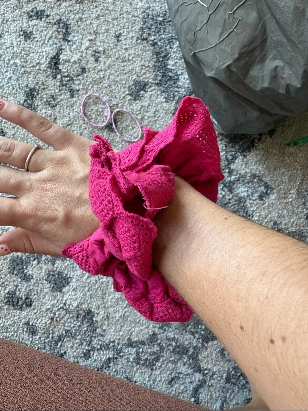 Eyelet Ruffle Hair Scrunchie - Fuchsia, comes with 2 pink hair ties